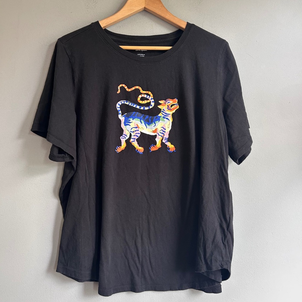 Maeve Sarah Gordon Anthropologie Black Tiger Graphic Tee Cotton Shirt 2X